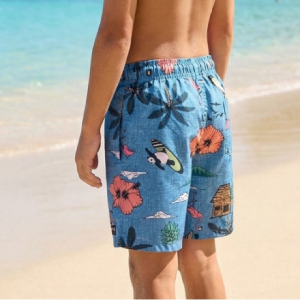 Surf riot Boys Surfing Panda Flamingo Blue Whimsical tropical swim suit trunks